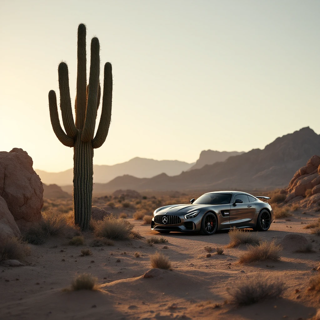 mercedes amg on desert next to cactus faun, cinematic emoji
