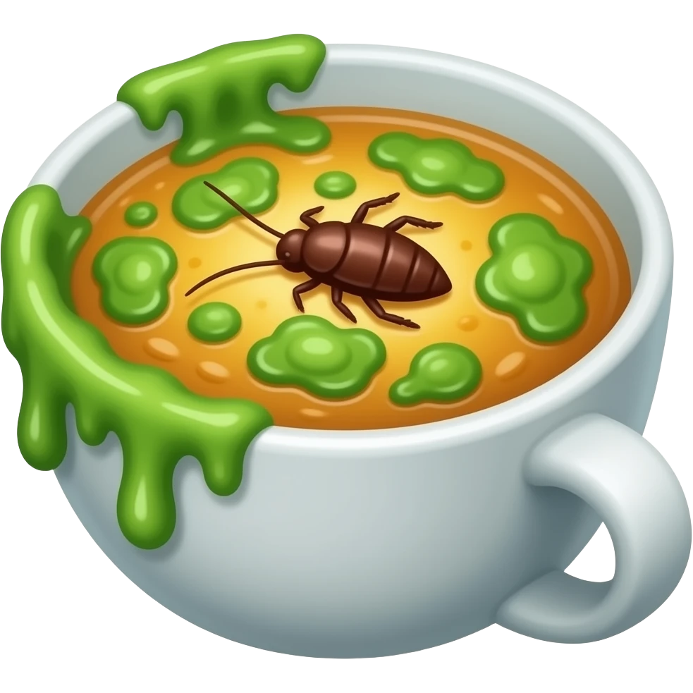 moldy rotten soup. molds should be green and cartoonish. there will be a cockroach on it. no face emoji