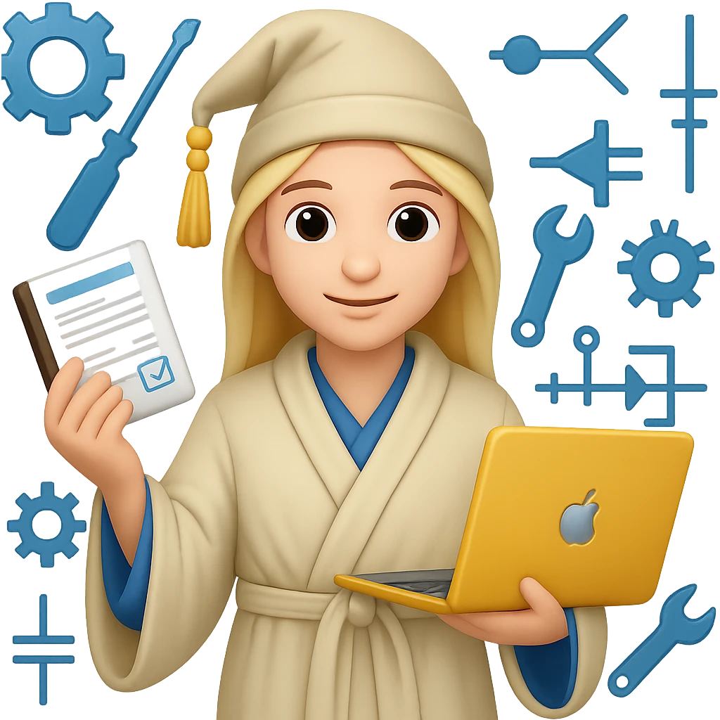 Create an emoji style image of a wizard in a white cloak, holding a resume and a laptop, surrounded by engineering icons. The engineering icons should be blue in color. The style should reflect the look of apple style emojis with concise details and vibrant colors. emoji