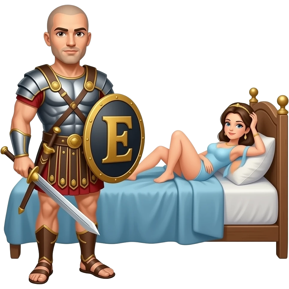 Muscular Roman soldier bald with brown eyes the Letter E on the shield with empress in bed facing away nude bum emoji