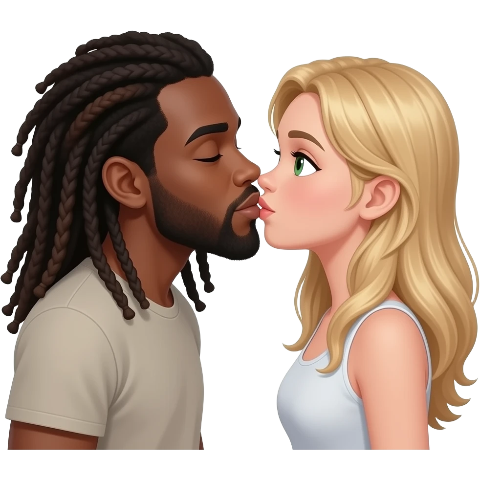 blak guy with long dreads kissing girl with long blond hair and green eyes emoji