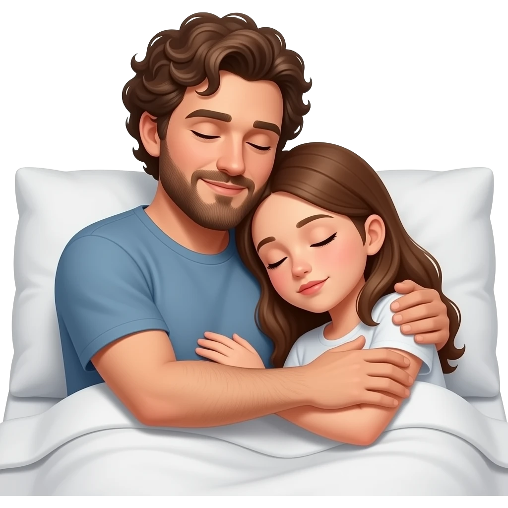 Realistic white man brown curly hair with beard hugging while sleeping in bed with realistic white girl brown hair emoji