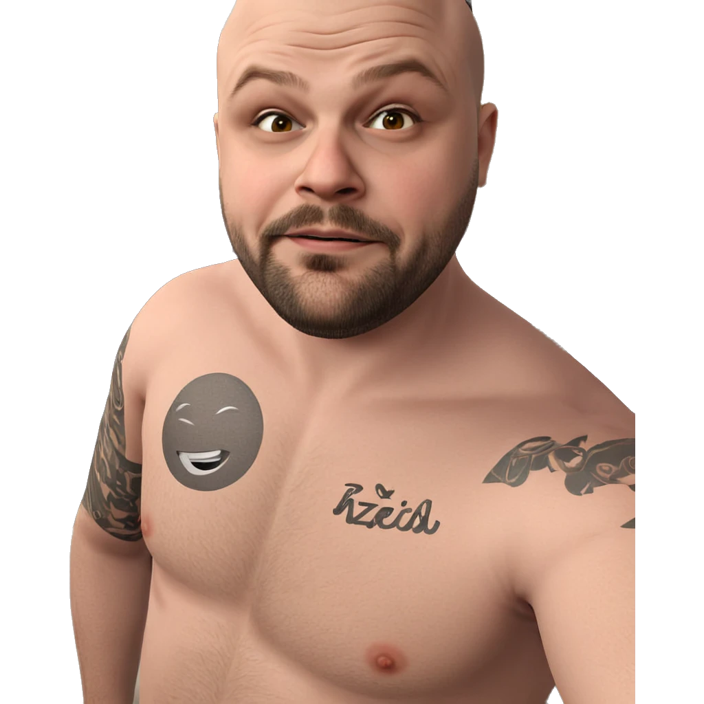 bald tattooed man posing nude emoji