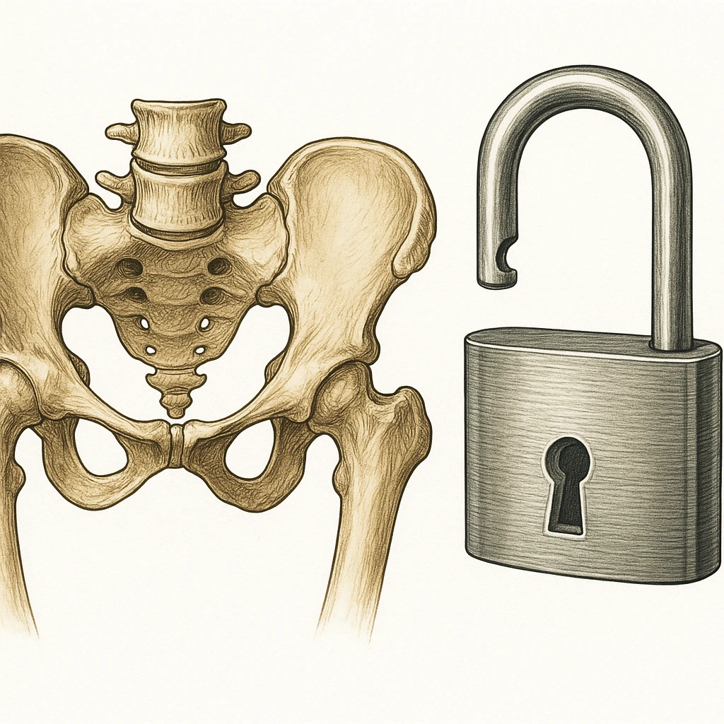 Add an open padlock next to the human pelvic bone anatomy, both on a white background, in a detailed medical style. emoji