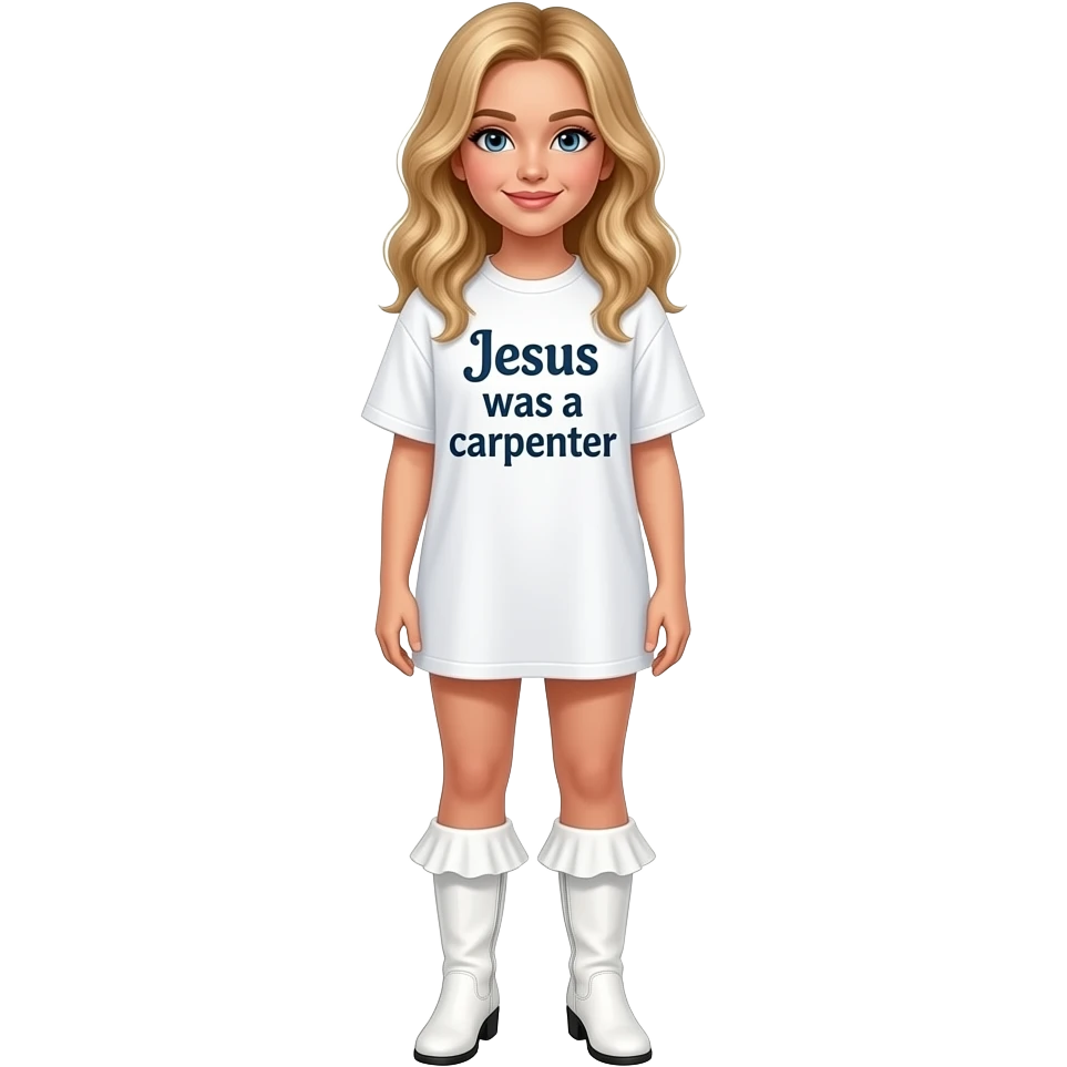 Sabrina Carpenter in an oversized white T-shirt that says “Jesus was a carpenter” and white ankle boots with white ruffle emoji