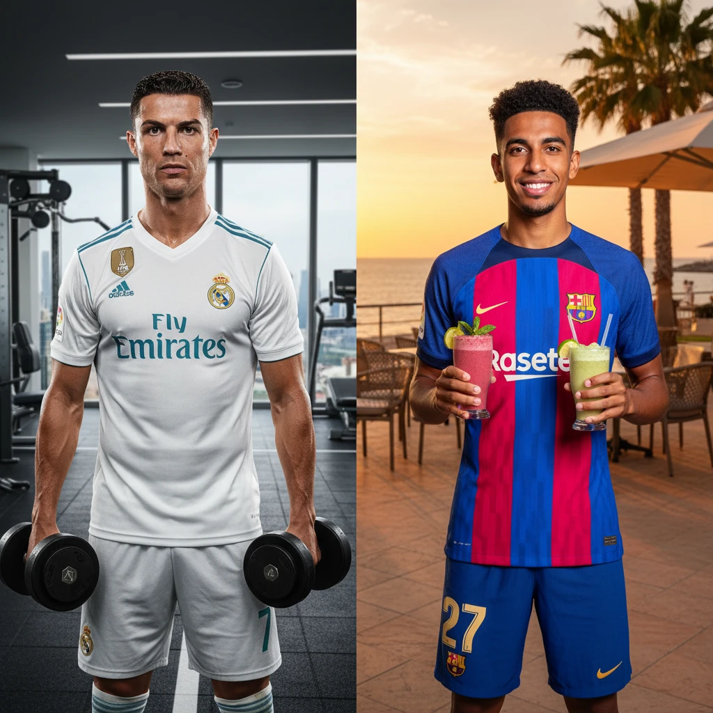 Криштиану Роналду в футболке Реала стоит с гантелями слева. А справа стоит Ламин Ямаль в форме Барселоны и с коктейлями в руках emoji