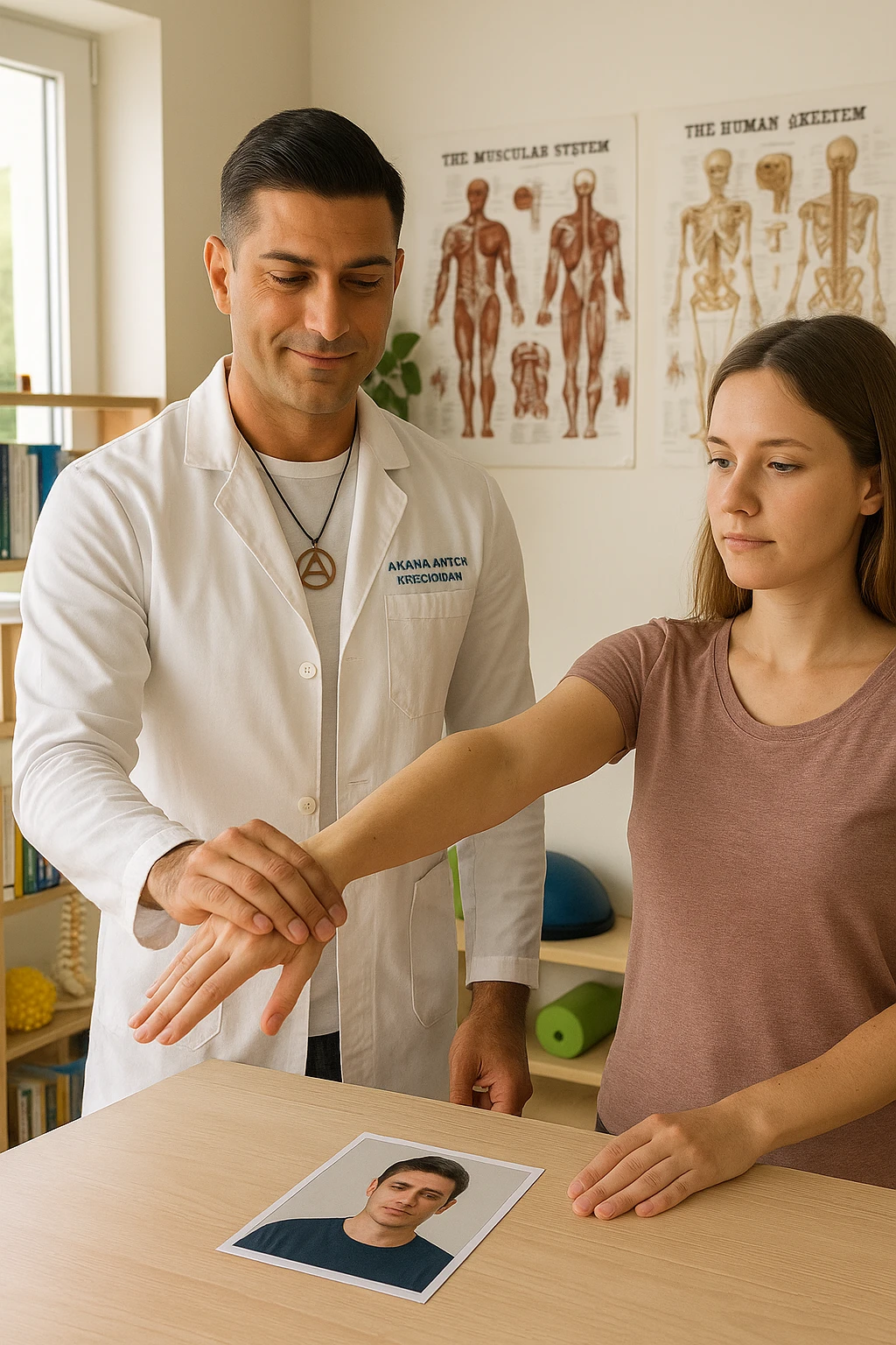 a middle-aged man, dressed in casual professional attire, is in a bright, organized therapy studio. Durante una visita di kinesiologia, il praticante tiene con una mano la foto di una persona lontana (il “testimone”) appoggiata su un tavolo, mentre con l’altra mano esegue un test muscolare su un cliente presente. Sullo sfondo si vedono libri di kinesiologia, poster anatomici e strumenti tipici della disciplina. L’atmosfera è concentrata e serena, con luce naturale che entra dalla finestra, sottolineando l’aspetto alternativo e umano della pratica. emoji
