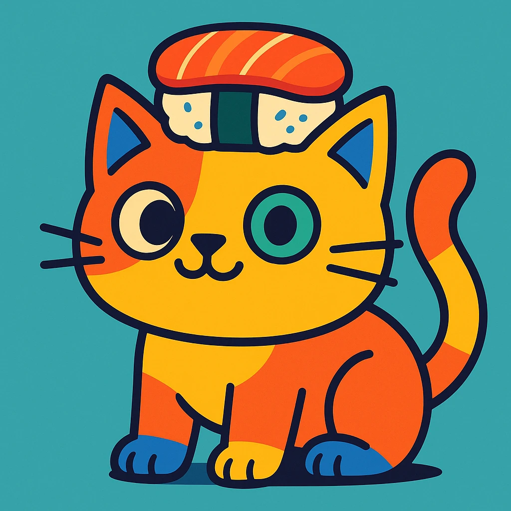 fun and colorful cat with a sushi-themed hat, vibrant and playful emoji