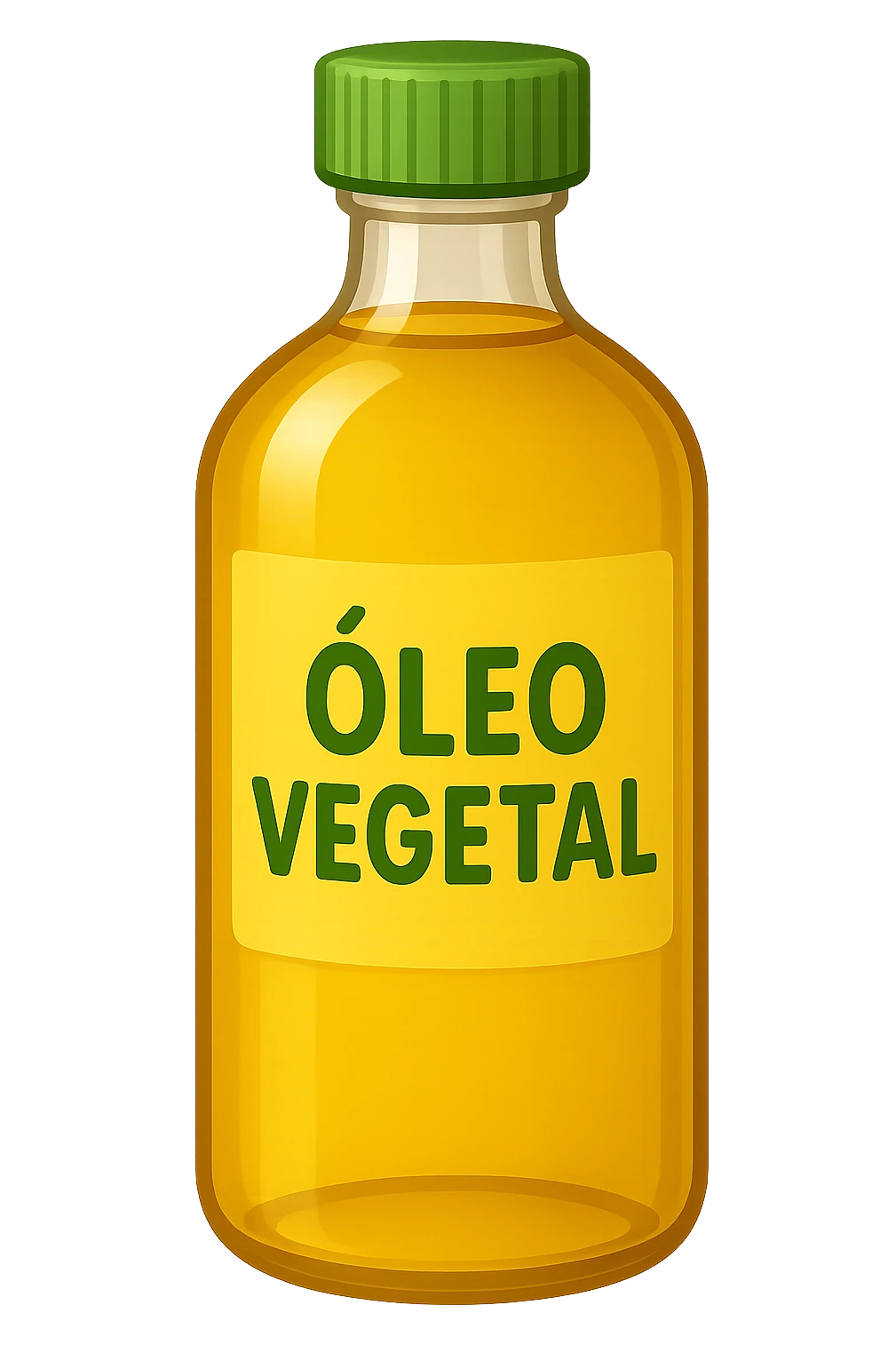 Add a label with the text 'Óleo Vegetal' on the bottle. Keep the style similar to Apple style emojis with a yellow label and green cap. Maintain a transparent background. emoji