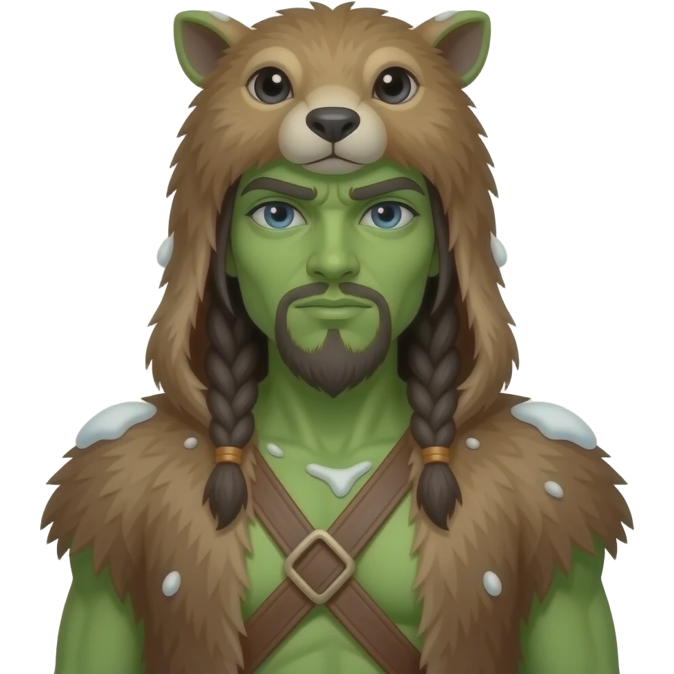 a Avatar green skin wearing ancient animal skin cloth with snow, half body, icon emoji