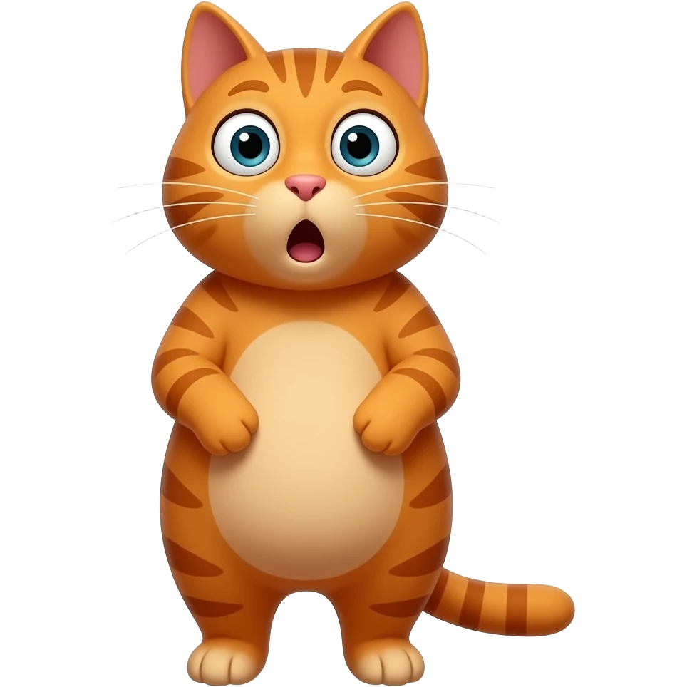 A little orange cat standing up like a little human, looking surprised. All his body is dark orange. emoji