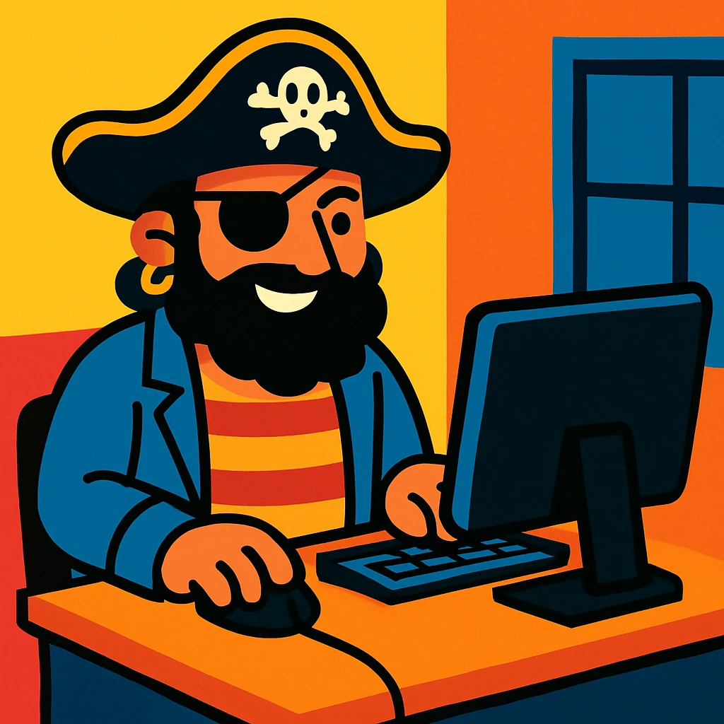 a pirate using a computer, modern cartoon style emoji