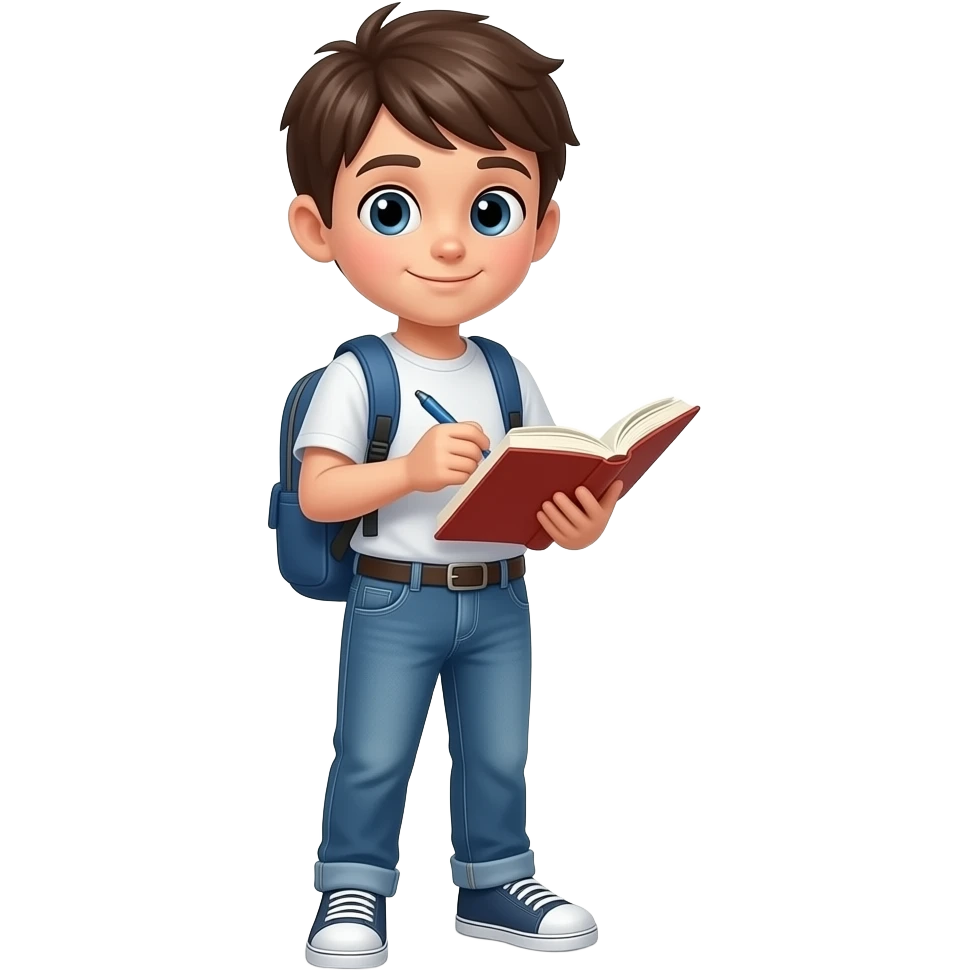 एक किताब का इमोजी बनाओ जो की एक लड़का एक हाथ से तो पड़ी हुई है किताब और दूसरे हाथ से कुछ लिख रहा हो किताब में और लड़का खड़ा होना चाहिए emoji