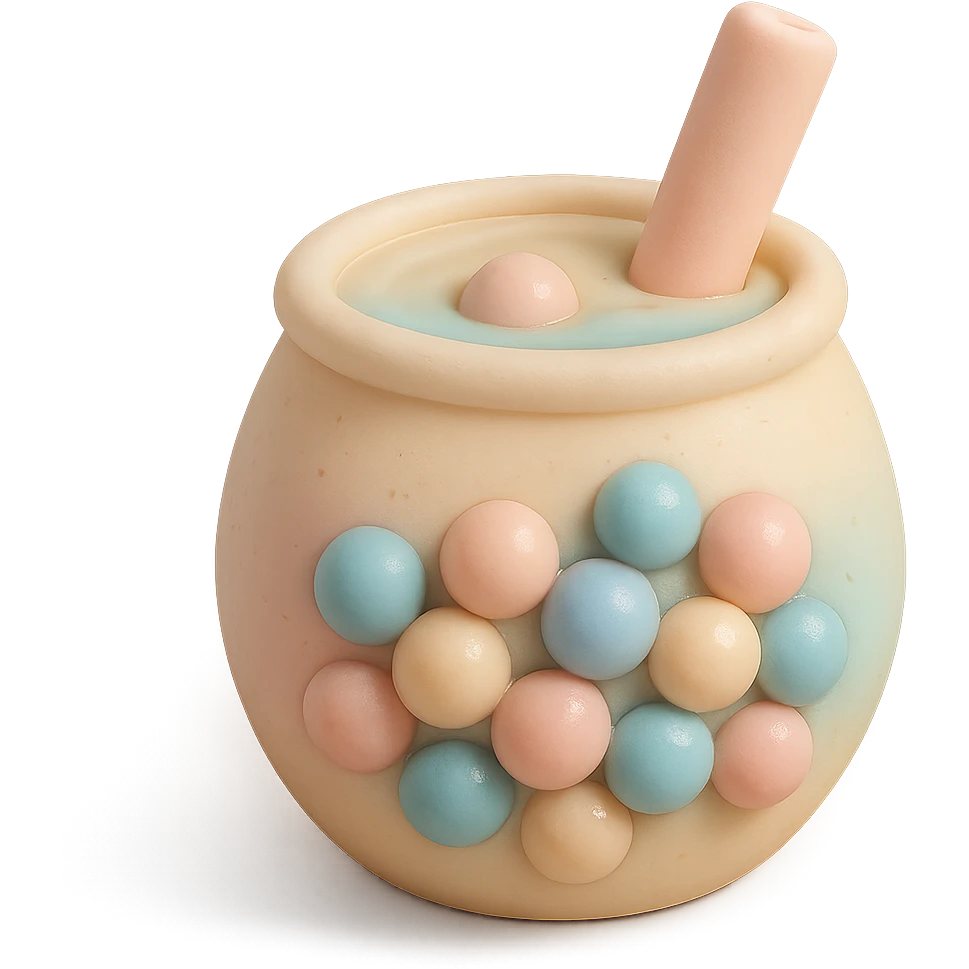 round pastel bubble tea with soft colors, big straw, and lots of pearls emoji