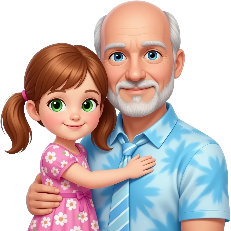 Dark Auburn haired girl child with light green hazel eyes twin ponytails wearing a pink floral sun dress hugging a light blue eyed adult balding father with side white fringe white hair eyebrows and white scruff style breard wearing a light blue tye dye polo shirt emoji