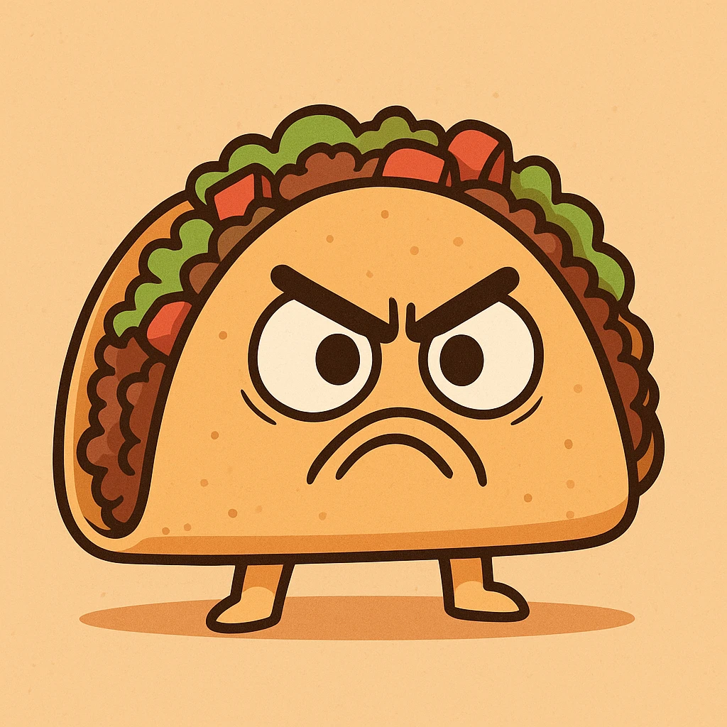 cute angry taco with big eyes, angry eyebrows, vibrant colors, simple background emoji