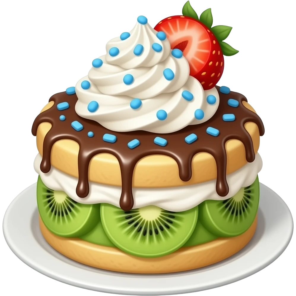 Edible pearls with kiwi pureé and kiwi chopped into mini slices on strawberries and whipped cream with chocolate sauce drizzled all over and blue sprinkles all over emoji