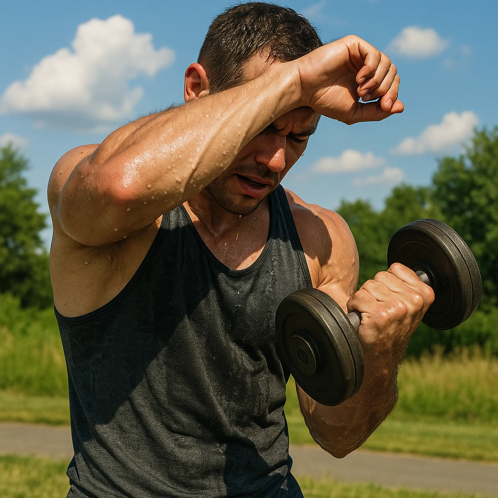 uomo fitness che si allena in estate, tutto sudato, con una mano fa un curl manubri mentre con l'altra mano si asciuga il sudore dalla fronte, espressione affaticata in volto emoji
