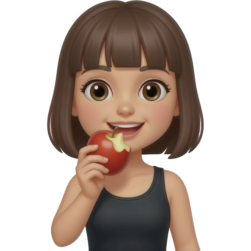 Cartoon 2d girl in black tank top hold an apple chewing a bitten apple red emoji