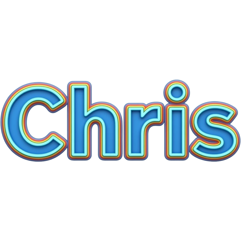 name "chris" in neon blue, 3D style typography lettering, each color of the rainbow as a border outlined around each letter, isolated, 3d rendering, no emoji icons no emoji faces and must have no human figures emoji
