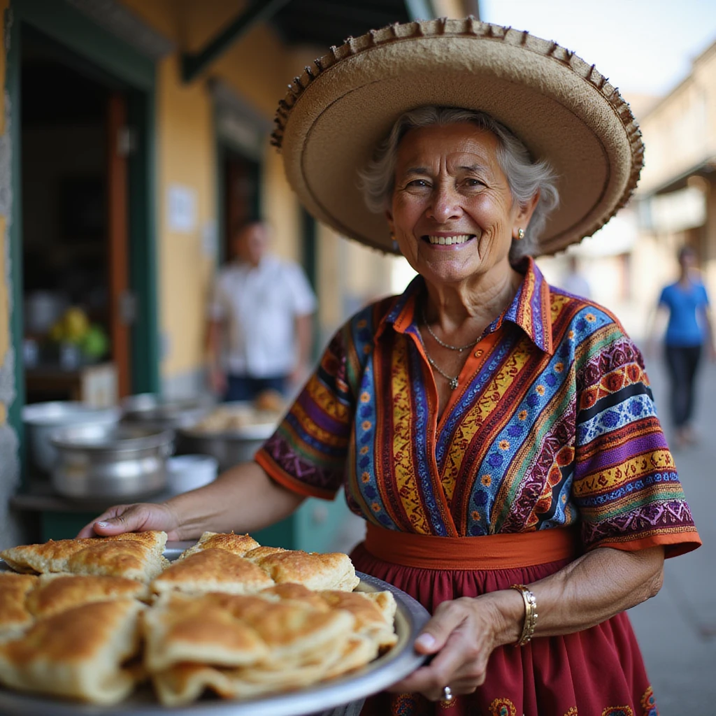 photorealistic image of an old Mexican lady pushing a food cart, warm and friendly expression, traditional dress, vibrant colors, street vendor, detailed, no text emoji