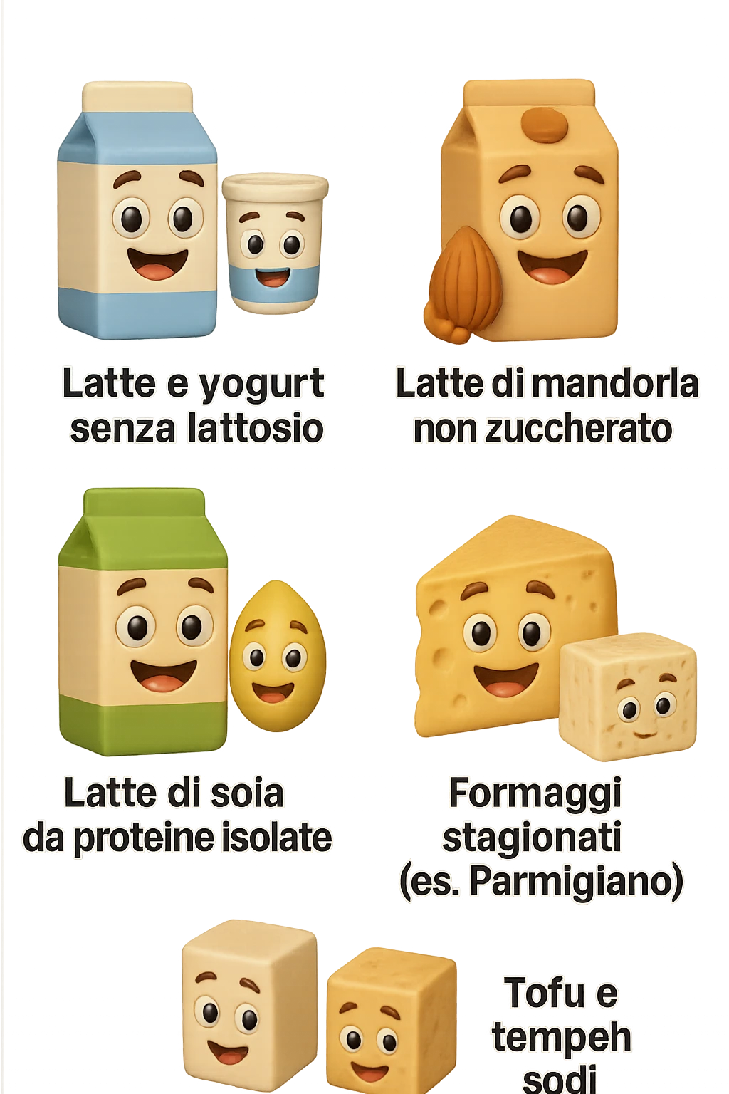 emoji stile iphone 3d di questi elementi che fluttuano in aria:

Latte e yogurt delattosati
Latte di mandorla (non zuccherato)
Latte di soia da proteine isolate
Formaggi stagionati (es. parmigiano)
Tofu compatto e tempeh
 che fluttuano in aria,  le etichette scrivile in italiano, iperealistico 4k emoji