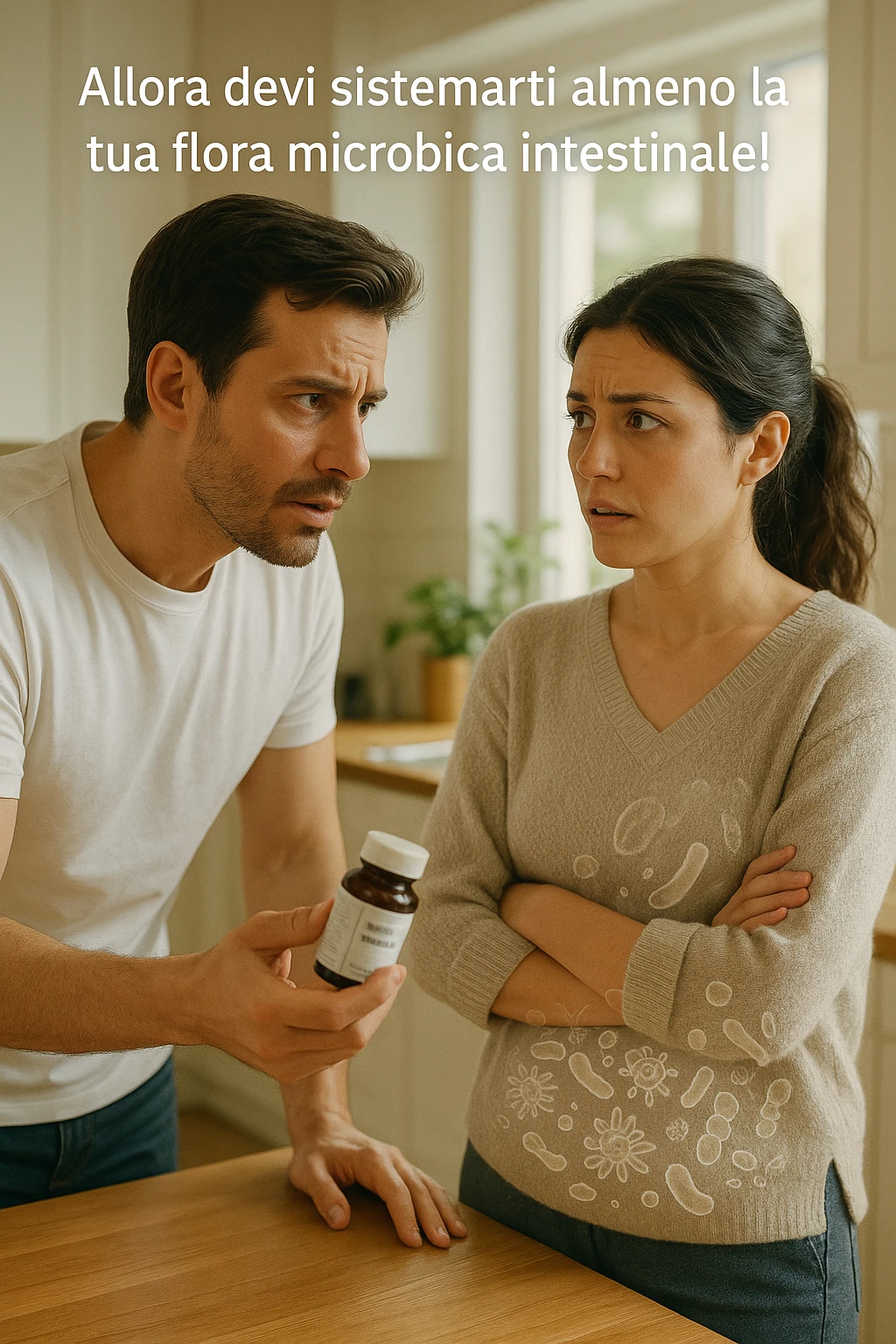 A hyper-realistic, cinematic photo of a young couple in their early 30s having a tense but calmer discussion in a bright modern kitchen. The man, fit, wearing a plain white T-shirt, holds a small probiotic supplement bottle in one hand, leaning slightly forward with a concerned yet firm expression, saying: 'Allora devi sistemarti almeno la tua flora microbica intestinale!' The woman, with dark hair in a loose ponytail, wearing a comfortable home sweater, stands with arms partially crossed, looking at him with a doubtful and confused expression, eyebrows slightly raised, lips parted as if about to respond but uncertain. Around them, faint translucent overlays of microscopic gut flora and bacteria symbols swirl softly near the woman’s abdomen, symbolizing the issue of her imbalanced gut microbiome. The kitchen is bathed in warm natural light, with green plants adding a sense of health and life, while the couple remains in sharp focus. The color palette is warm, with soft shadows and shallow depth of field highlighting the emotional tension yet care in the conversation, visually representing the discussion about gut health within the relationship emoji