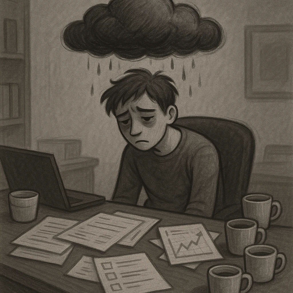 A person with a cloud over their head, slouched in a chair, surrounded by unfinished tasks and coffee cups, showing signs of burnout. emoji