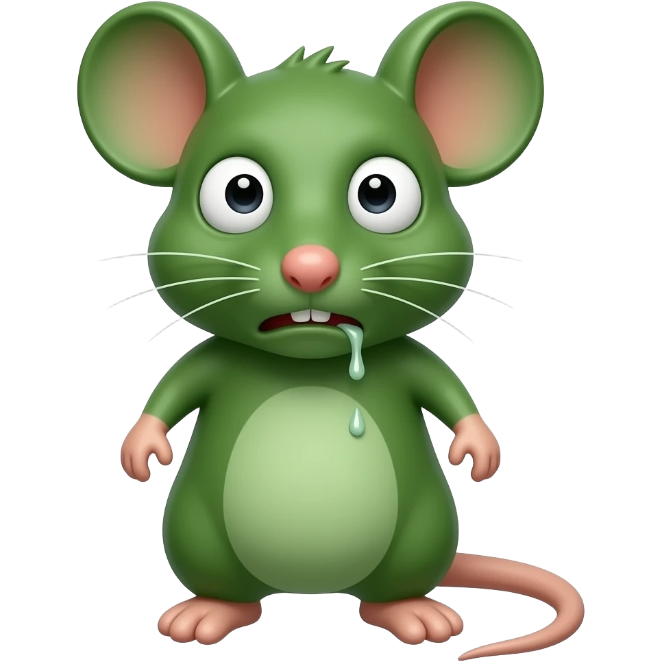 A little green mouse standing upright, with arms and legs that look like those of a little person, staring at us with revolting face on its face. He's going to throw up .The mouse’s body is entirely green. emoji