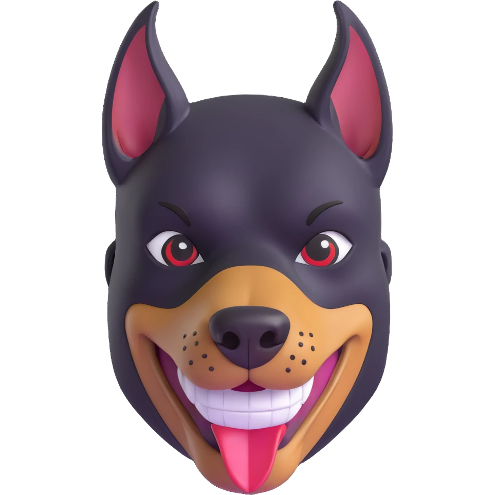 Doberman with a bandit mask and a cheeky grin emoji