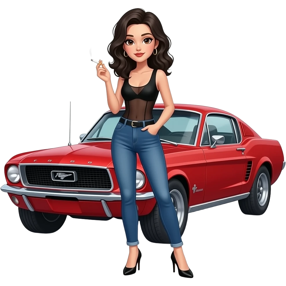 Pale girl with black wavy hair and brown eyes backed against a red ford mustang 1968 coupe. Girl wearing a sheer black sleeveless top, low rounded neckline, jeans and heels with visible toes. smoking cigarette. emoji