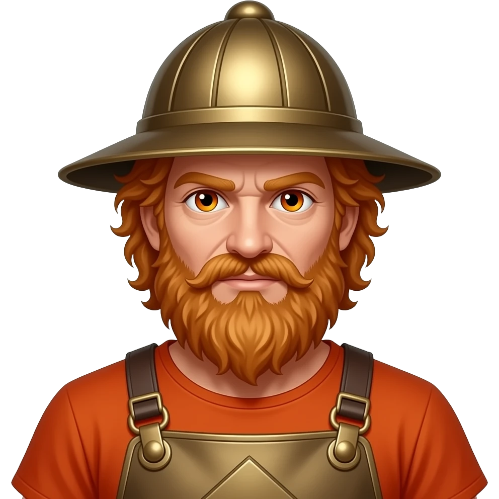 Vulcan from Roman Mythology with burnt orange eyes, ginger curly bearded forge look hair, red-orange tunic, bronze apron, bronze conicial cap emoji
