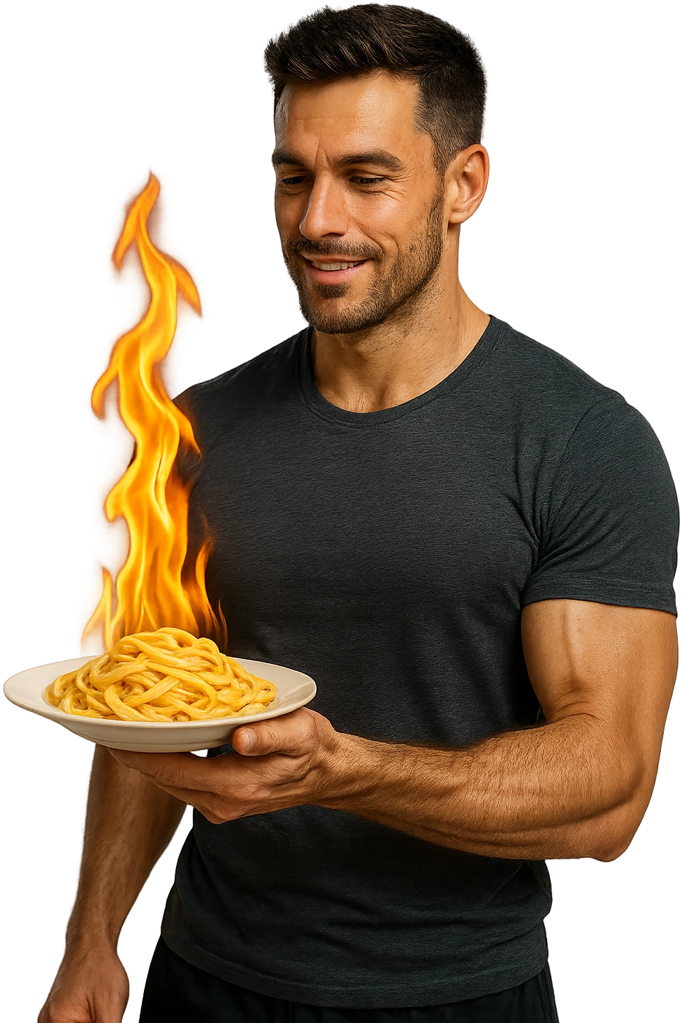 uomo fitness che tiene in mano un piatto di pasta con una fiamma sopra come se stesse simbolicamente bruciando le kcal della pasta, iperrealistico 4k emoji