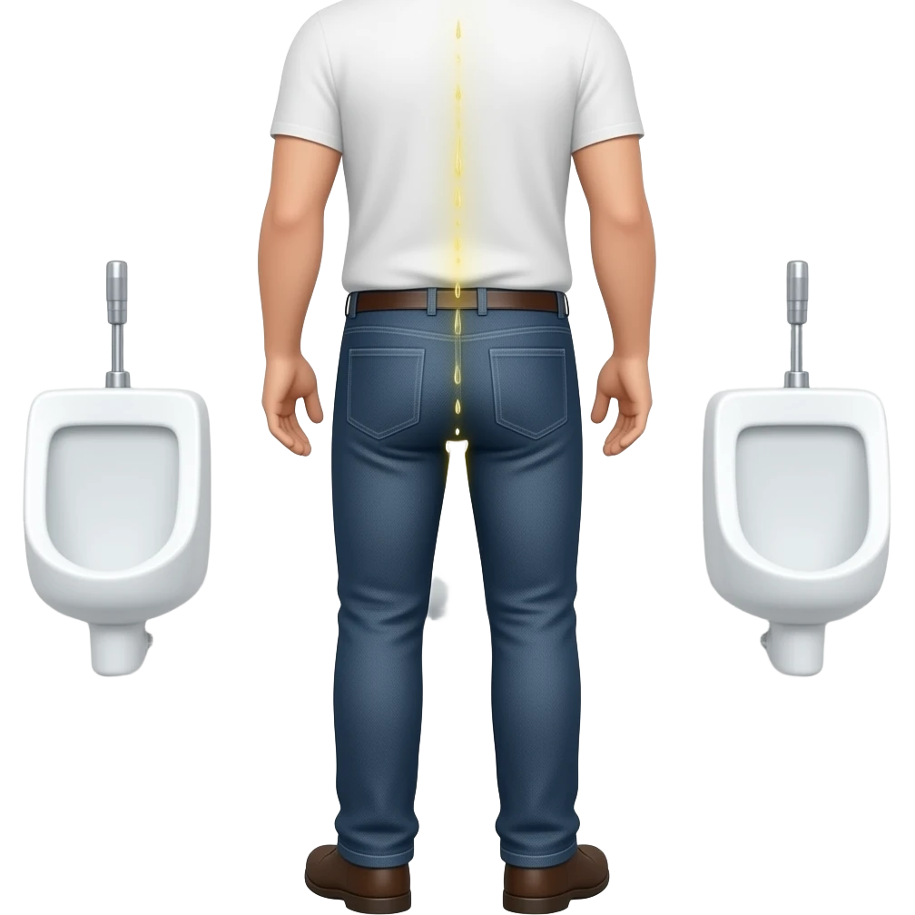 Erstelle ein Bild von einem öffentlichen WC, ein Mann von hinten steht vor einem urinal und oben vorn aus seiner Hose kommt ein gelber dünner Wasserstrahl der in das urinal trifft emoji