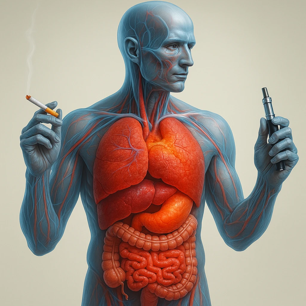 Medical illustration, hyperrealistic 4K, realistic anatomical human body, inflamed liver and intestine highlighted, holding a lit normal cigarette in the right hand and an electronic cigarette in the left hand, clear background, extremely detailed, same lighting and style as the reference image. emoji