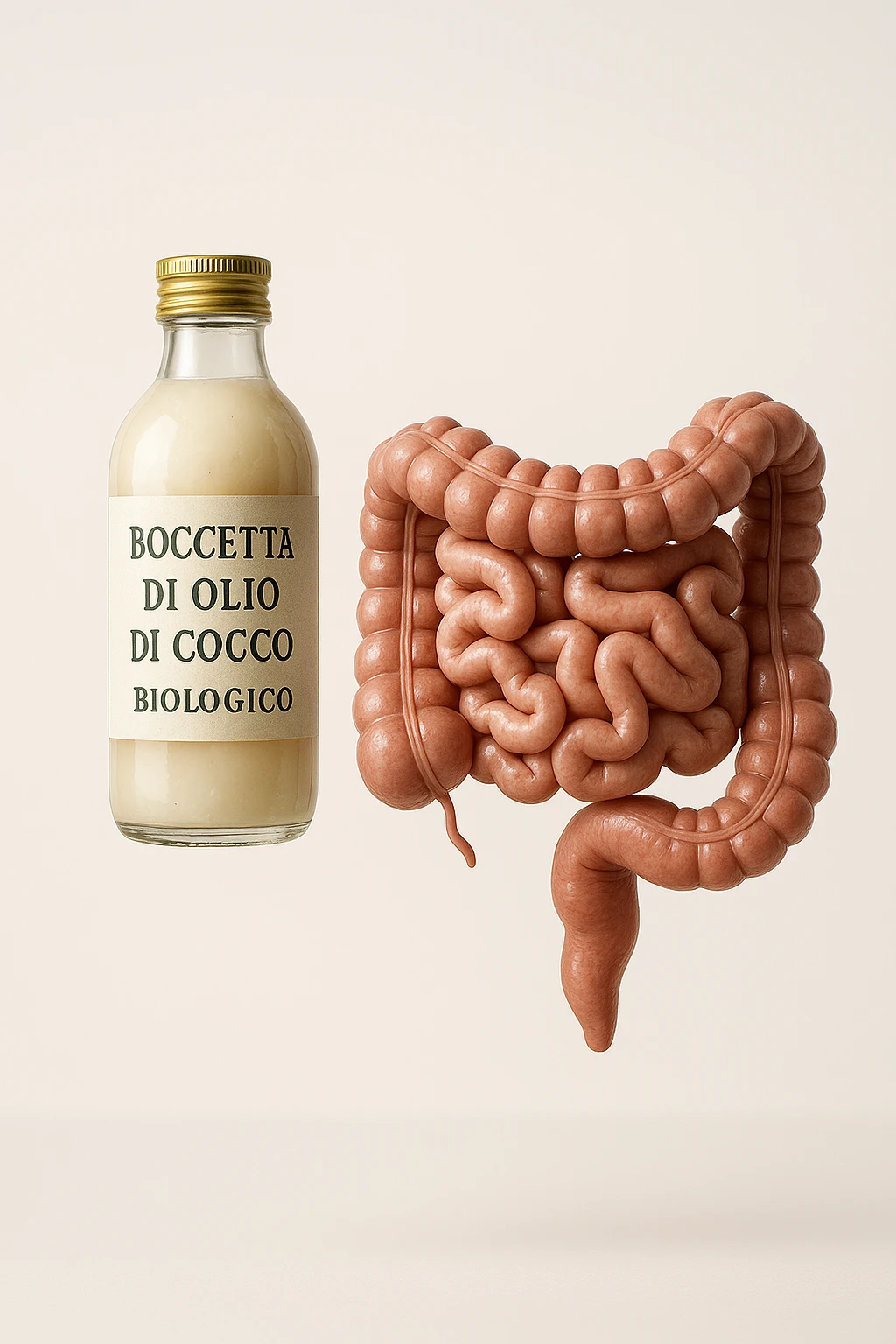 BOCCETTA DI OLIO DI COCCO BIOLOGICO (FAI UN ETICHETTA SUL PRODOTTO IN ITALIANO) CHE FLUTTUA IN ARIA INSIEME A UN INTESTINO UMANO ANATOMICO IN PERFETTA SALUTE, SFONDO CHIARO, iperrealistico 4k emoji