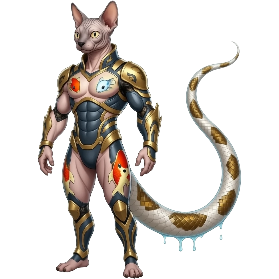 Hyper-realistic cute Japanese oriental Asian Edgy badass swimmy wet painted intricate ornate Japanese Asian koi-Minccino-Lykoi-Emolga-Sphynx-Linoone-Zangoose-fusion-hybrid-animal-Fakémon-creature, full body, thin long sleek scaly python tail, intricate markings emoji