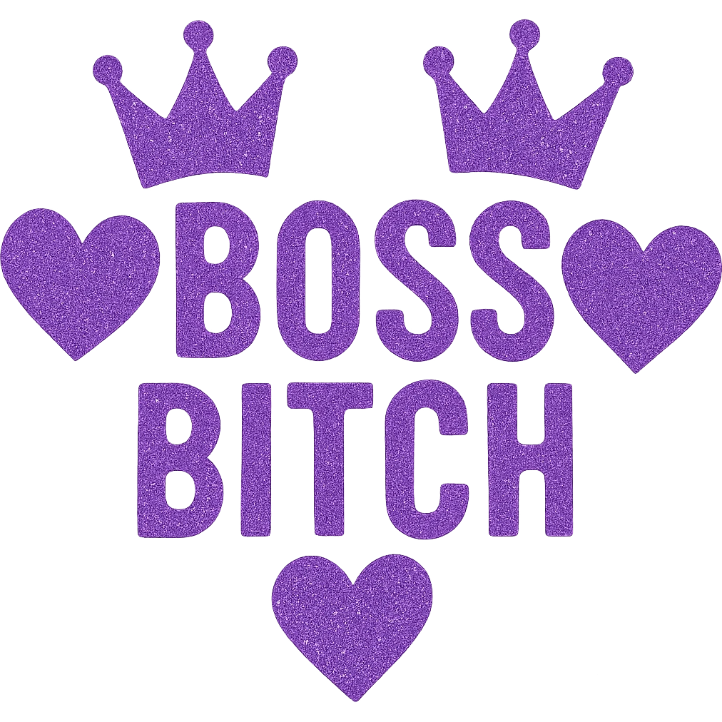 Purple Hearts and crowns with glitter and the words boss bitch, remove background emoji