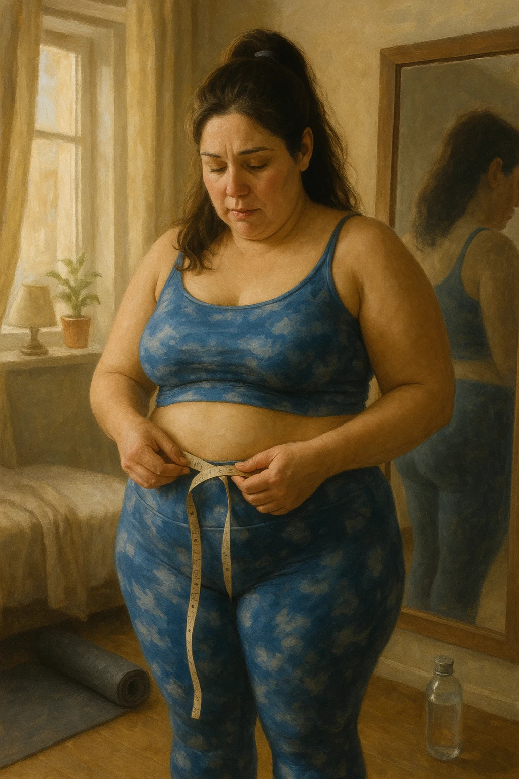 A realistic, cinematic illustration of a woman in her early 30s with a slightly rounded body shape, standing in front of a mirror in a softly lit bedroom, looking at her reflection with a thoughtful, slightly discouraged expression. She is wearing comfortable home workout clothes, holding a tape measure in one hand loosely, while her other hand gently touches her belly area, showing her frustration with slow weight loss progress. The room is cozy, with natural light filtering in, a yoga mat rolled up in the corner, a water bottle, and a small plant on the windowsill. The scene captures the emotional struggle and quiet determination of a woman facing difficulties in losing weight despite her efforts, with warmth and dignity. emoji