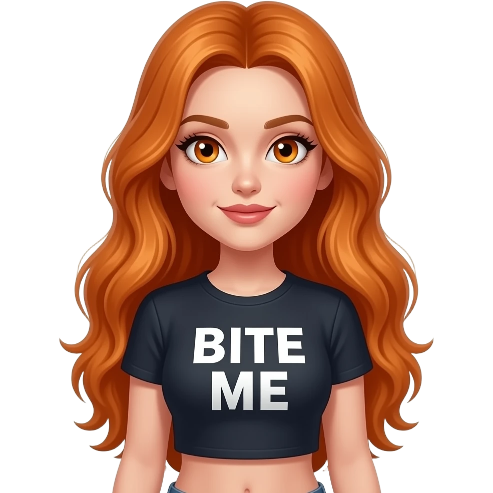 sexy girl with overlong ginger hair and ginger eyes a top with BITE ME written on it emoji