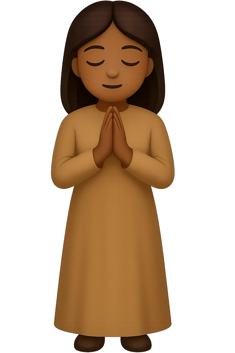 Show the woman standing and praying from the front view, wearing a long tan dress, with dark brown hair, in emoji style. Remove the background. emoji