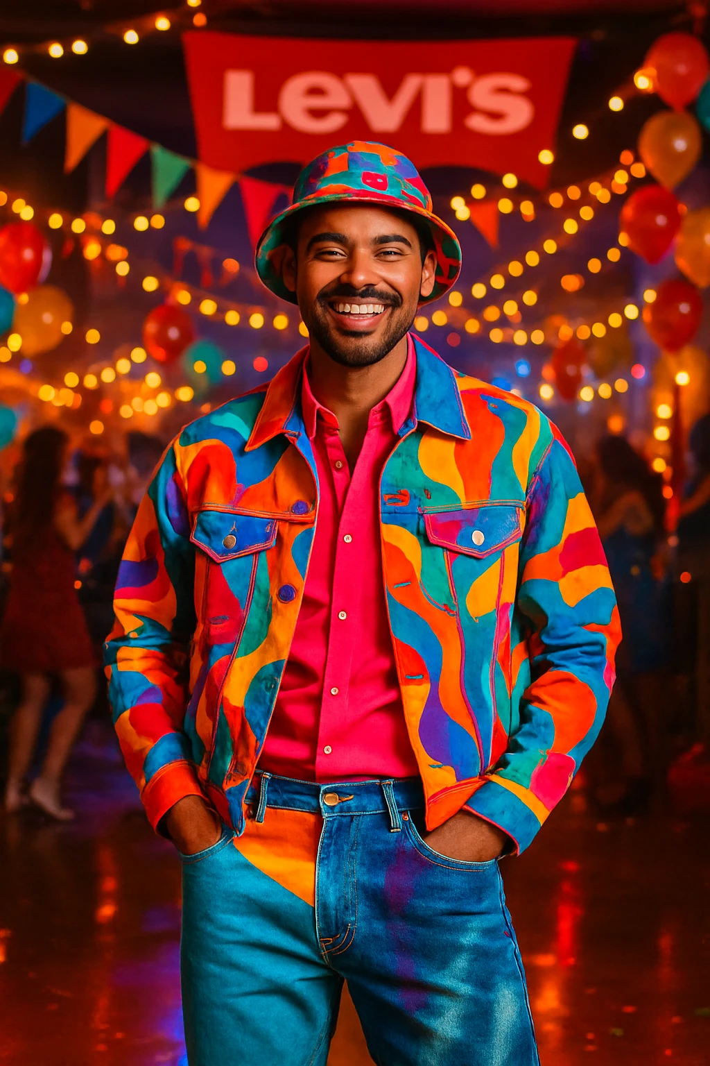 A man wearing mesmerizing, eye-catching clothes at a Levi's party, stylish and confident, with denim elements, vibrant colors, and a festive atmosphere. emoji