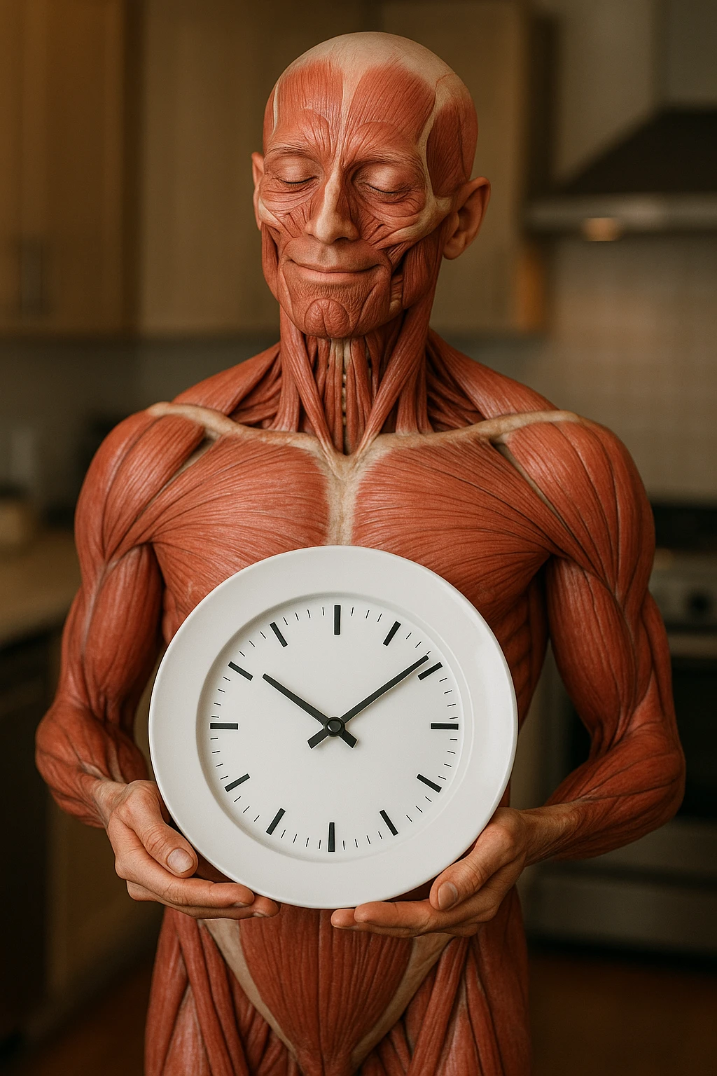 corpo umano anatomico, che tiene in mano un piatto bianco con la lancette di un orologio sopra, figura visibile fino ai fianchi, espressione del volto soddisfatta, sullo sfondo la sua cucina sfocata, iperrealistico 4k emoji