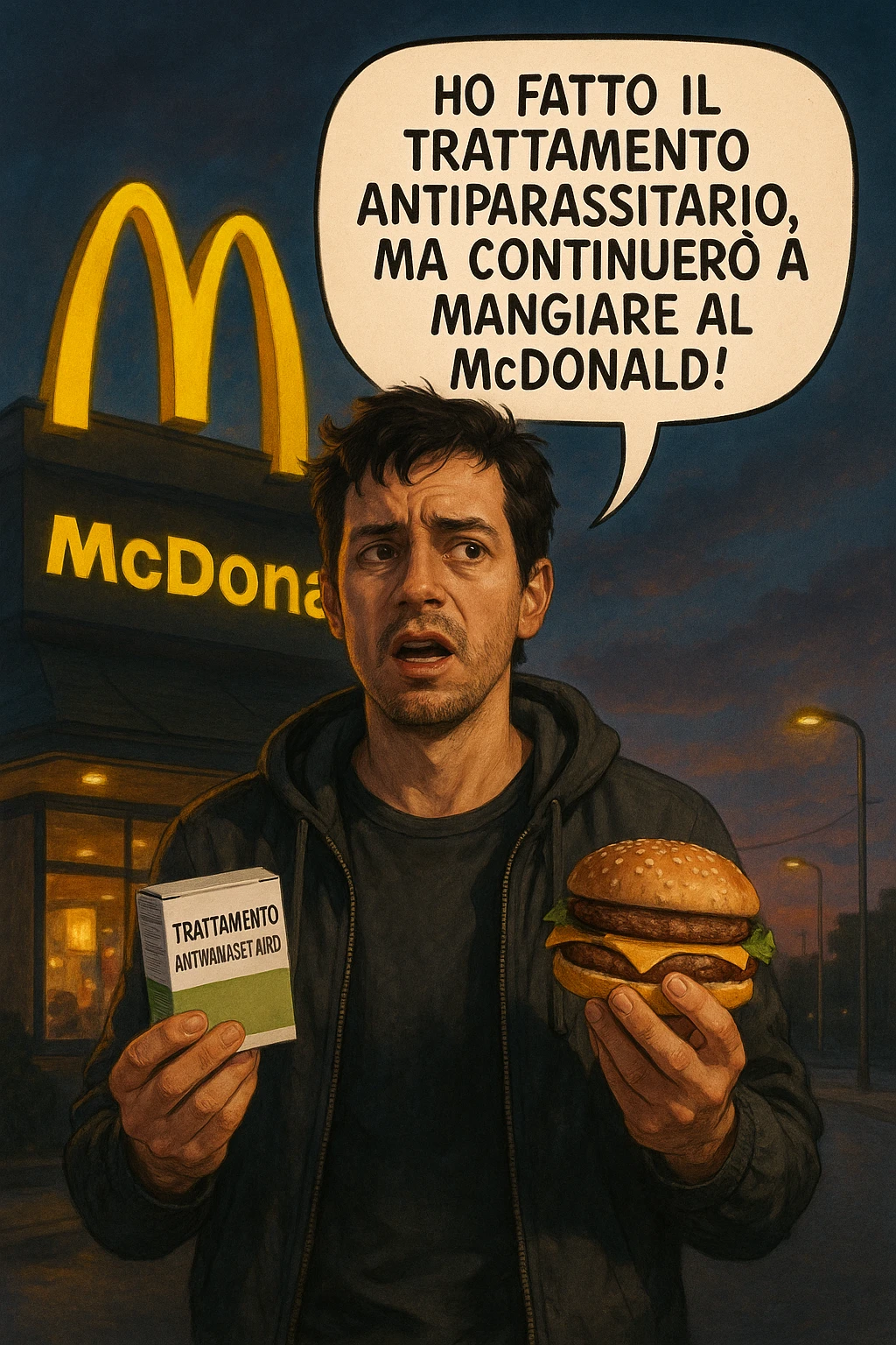 A realistic, cinematic illustration of a man in his early 30s with a confused yet stubborn expression, standing outside a McDonald's at dusk, holding a small box labeled 'Trattamento Antiparassitario' in one hand while holding a large McDonald's burger in the other. He is mid-sentence, saying 'Ho fatto il trattamento antiparassitario, ma continuerò a mangiare al McDonald!' in an expressive speech bubble. The man wears casual streetwear, and behind him, the McDonald's golden arches glow under a neon-lit sky. The mood is ironic and educational, highlighting the contradiction of doing parasite cleanses while continuing unhealthy fast-food habits. The style is realistic with slight illustrative clarity, emphasizing the message humorously while maintaining a serious undertone about lifestyle choices and health in italiano emoji