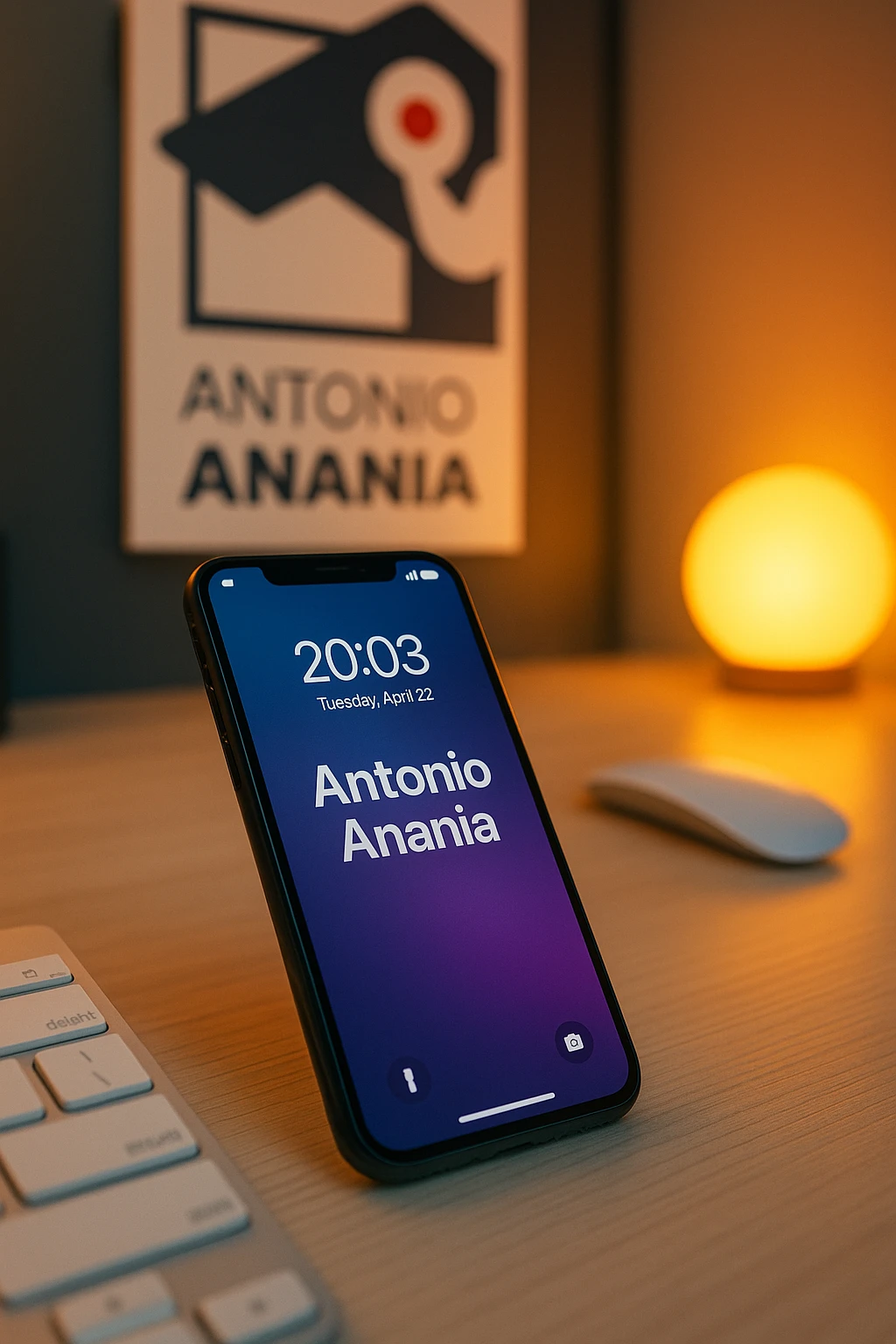 A photo of an iPhone on the desk with the message "Antonio Anania" on its screen, The phone sits atop a desk with a blurred background that suggests work environment. A faint glow from above casts gentle shadows across the surface of each object, creating depth and highlighting their textures emoji