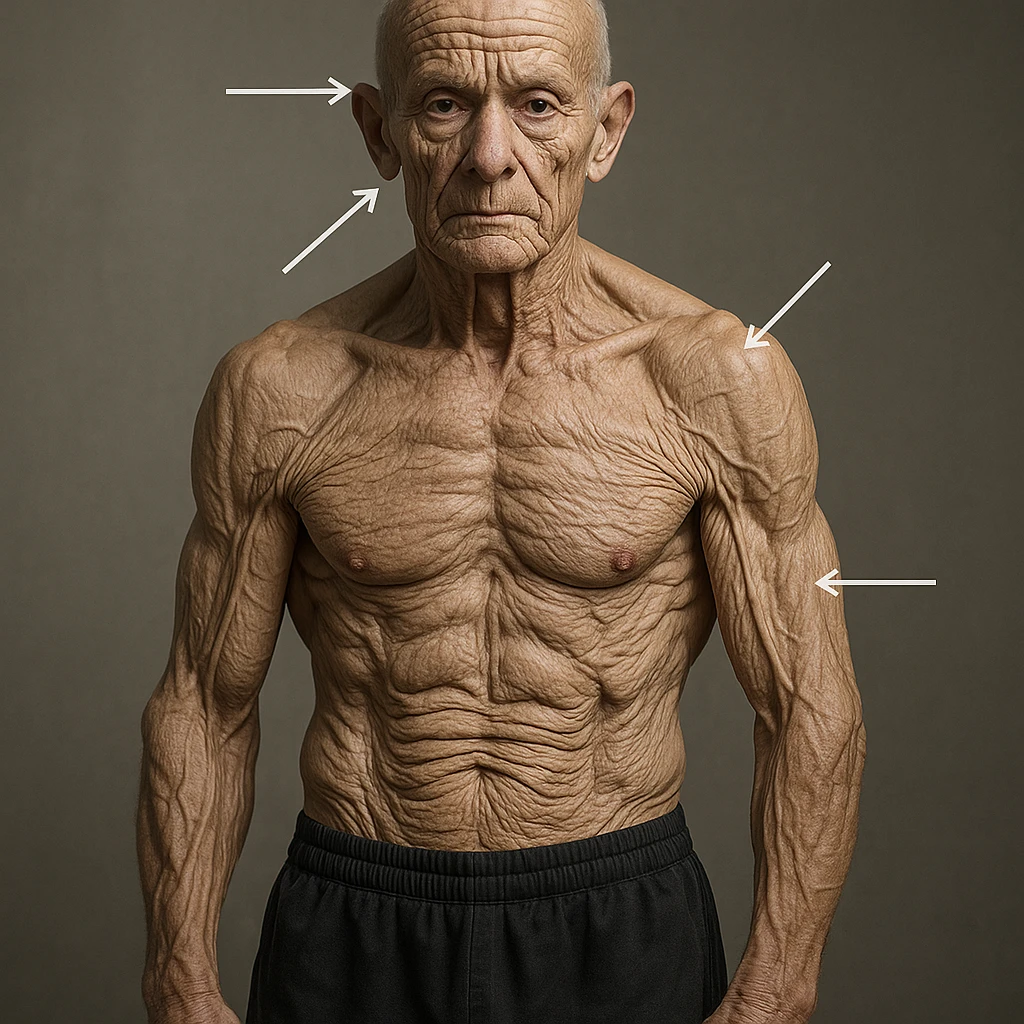 hyper realistic young bodybuilder aged prematurely due to collagen deficiency, well visible muscles, skin with marked wrinkles and loss of tone, arrows pointing to most affected areas, neutral atmosphere emoji