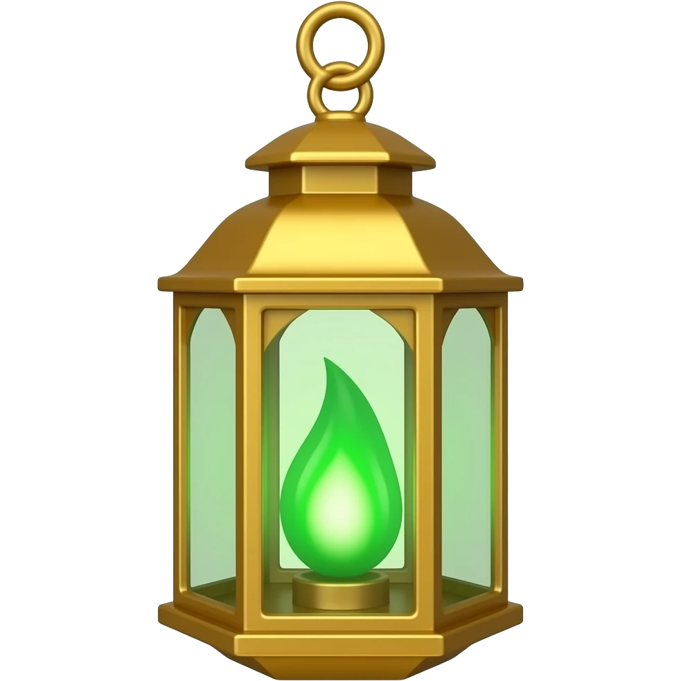 A golden hanging lantern with a bright emerald green flames, no wire chain or loop on too fae filigree worked into the design, but simple focus more on the green flame emoji