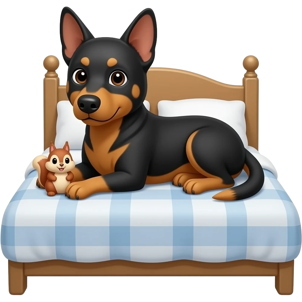 create a dog that that is mostly black and has brown somewhere and have a toy that looks like a squirrel laying in a bed emoji