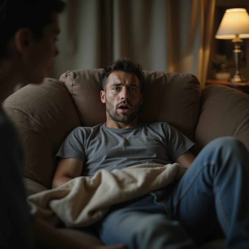 Hyperrealistic 4K image of a man lying on a sofa complaining exaggeratedly, gaze directed at a person off-frame, dramatic expression, blanket on legs, domestic atmosphere, highly detailed. emoji