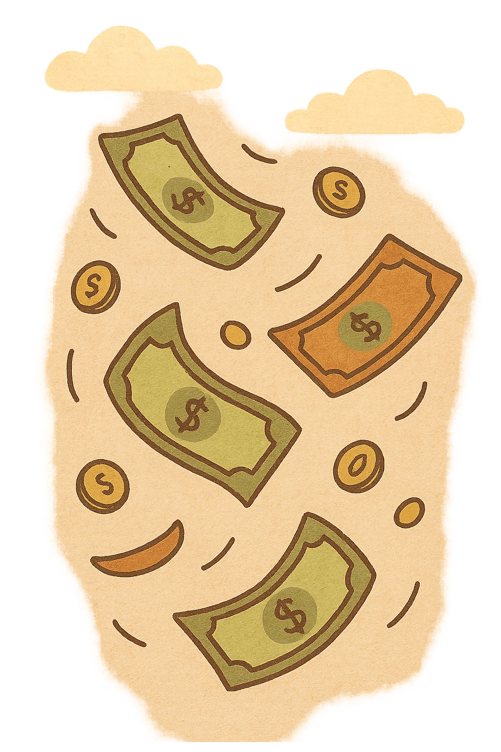 money raining down, flat modern style, bright saturated colors golds greens reds, minimal but expressive, universal look emoji